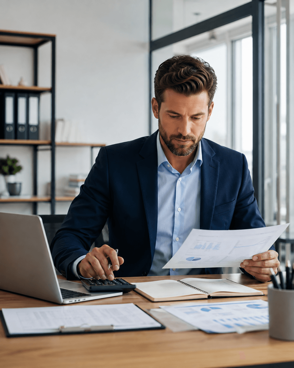 Accountant at a desk reviewing financial charts and client records on paper and laptop