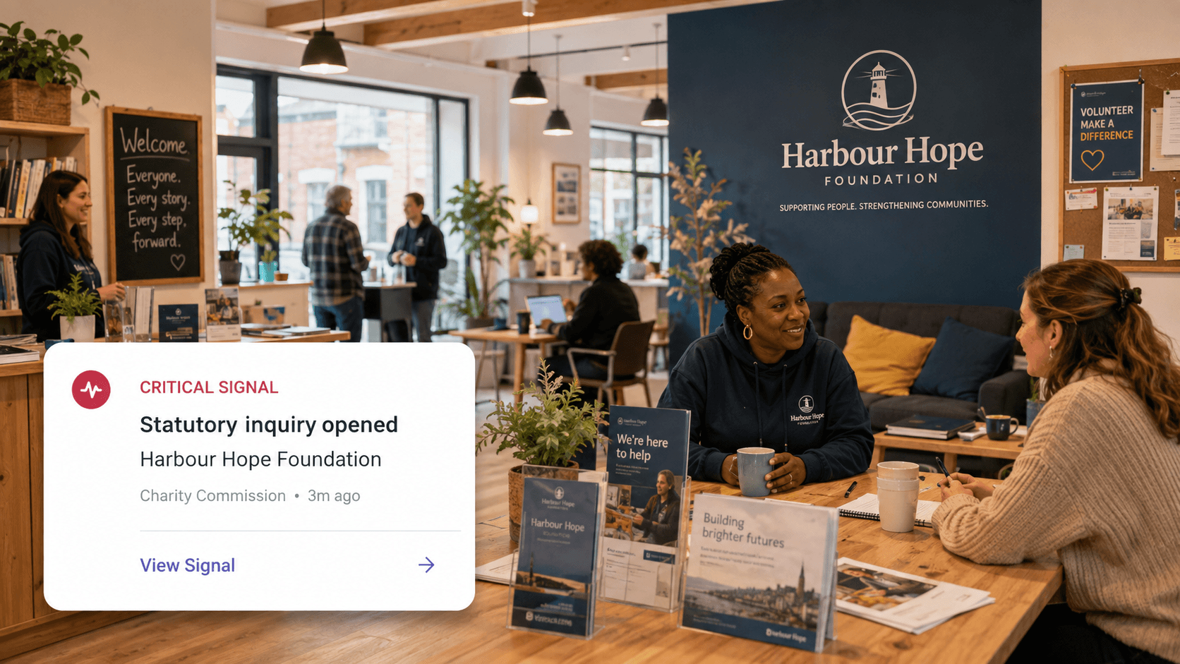 Harbour Hope Foundation community centre, with a Registry Radar critical signal notification for a statutory inquiry